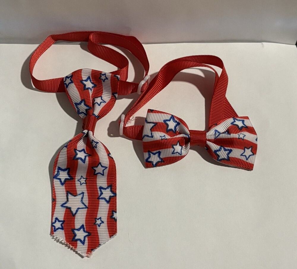 Bow Tie Necktie Set 250th July 4th USA Flag Stripes Blue Stars Dog Cat 7"+